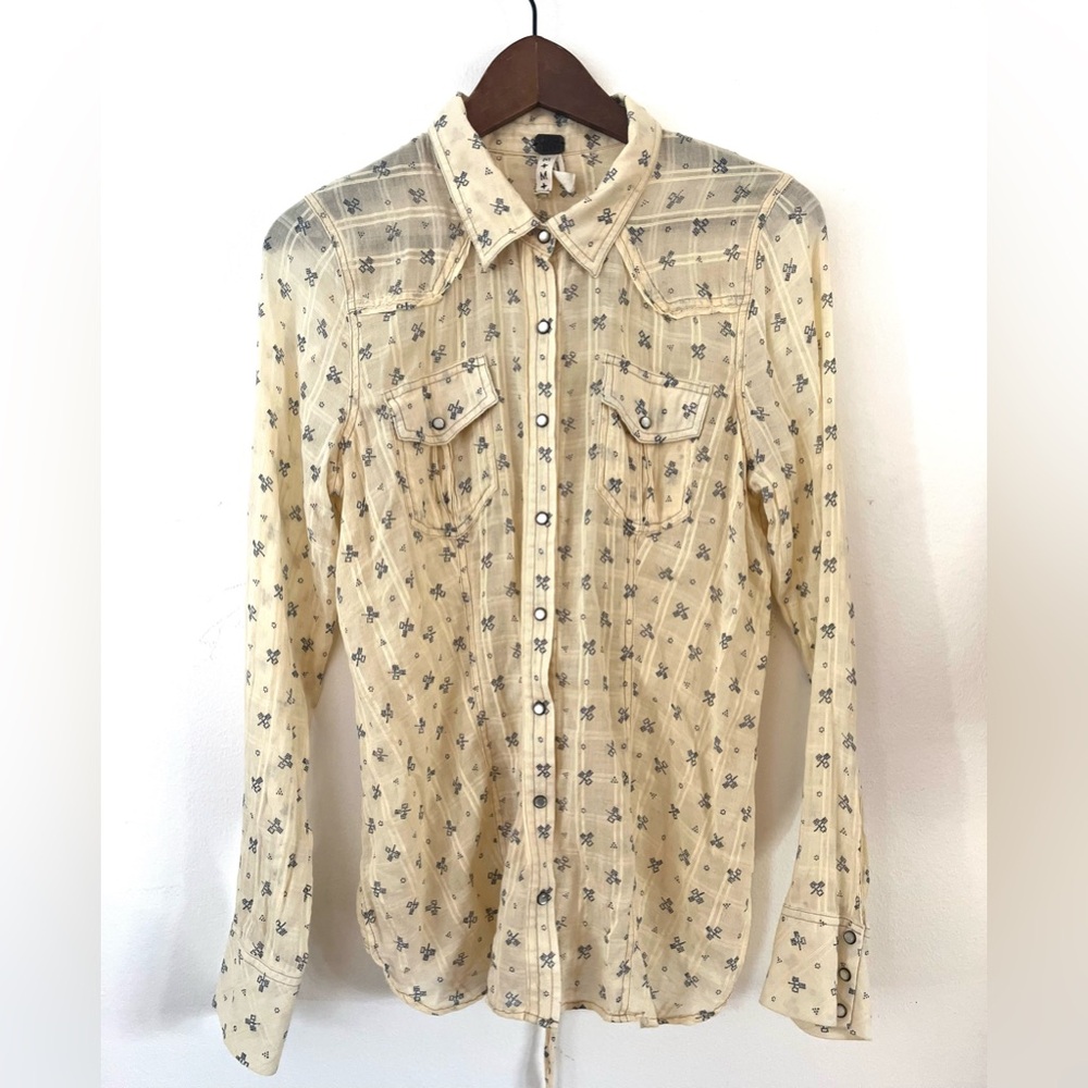We The Free Corset Like Lace Up Back Pearl Snap Cream Floral Button-Up Shirt M